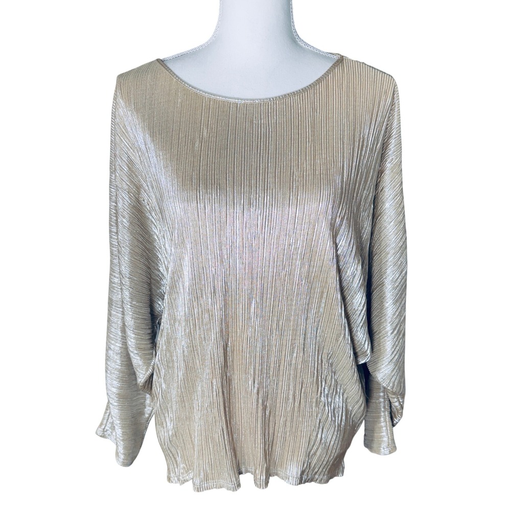 Zara Basic Special Edition Metallic Gold Lamé Plisse Pleated Dolman Blouse Small